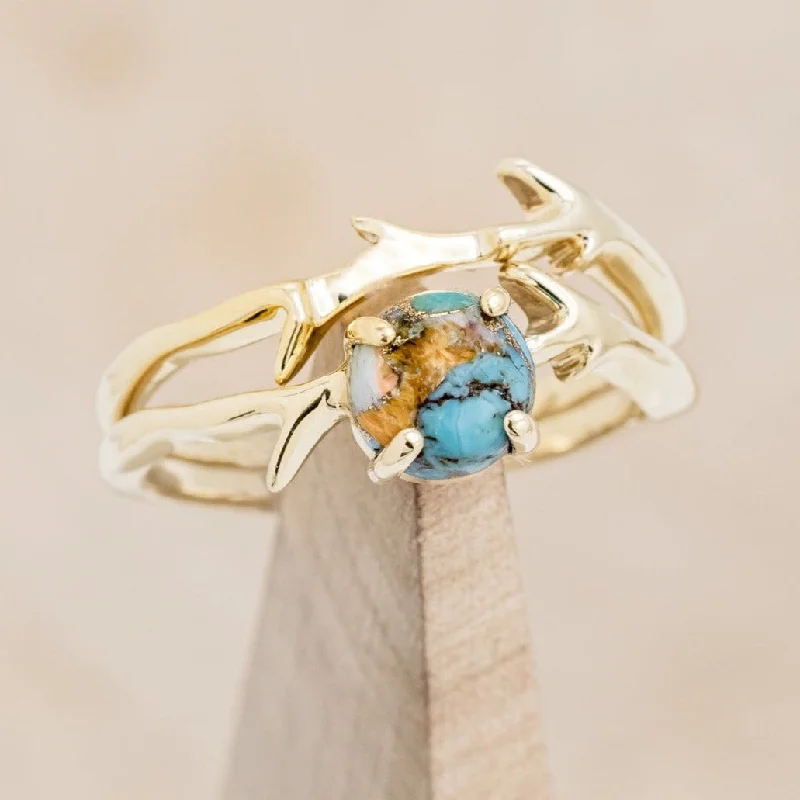 "ARTEMIS" - ROUND CUT SPINY OYSTER TURQUOISE ENGAGEMENT RING WITH AN ANTLER-STYLE STACKING BAND