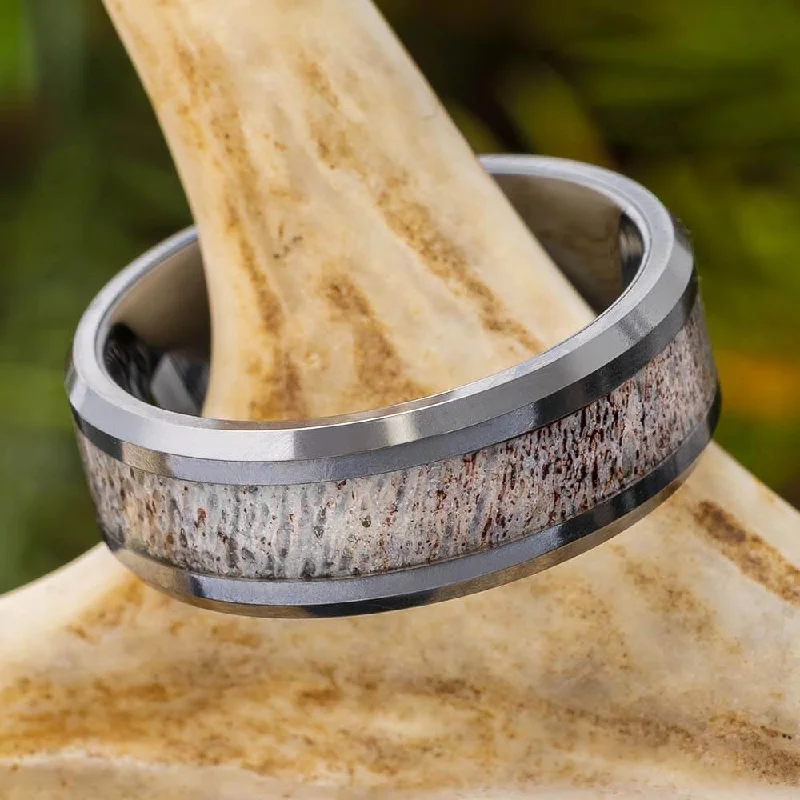 Beveled Tungsten & Antler Men's Wedding Band