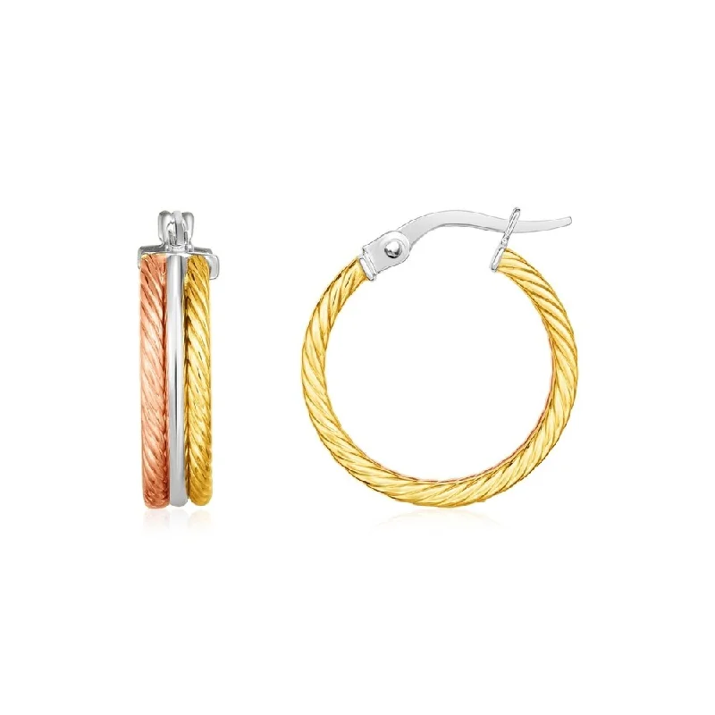 14k Tri Color Gold Three Part Textured Hoop Earrings