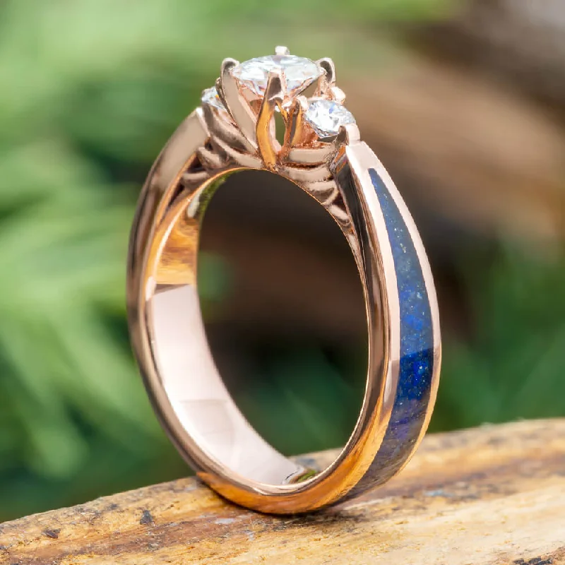 Lapis Lazuli & Moissanite Three Stone Engagement Ring