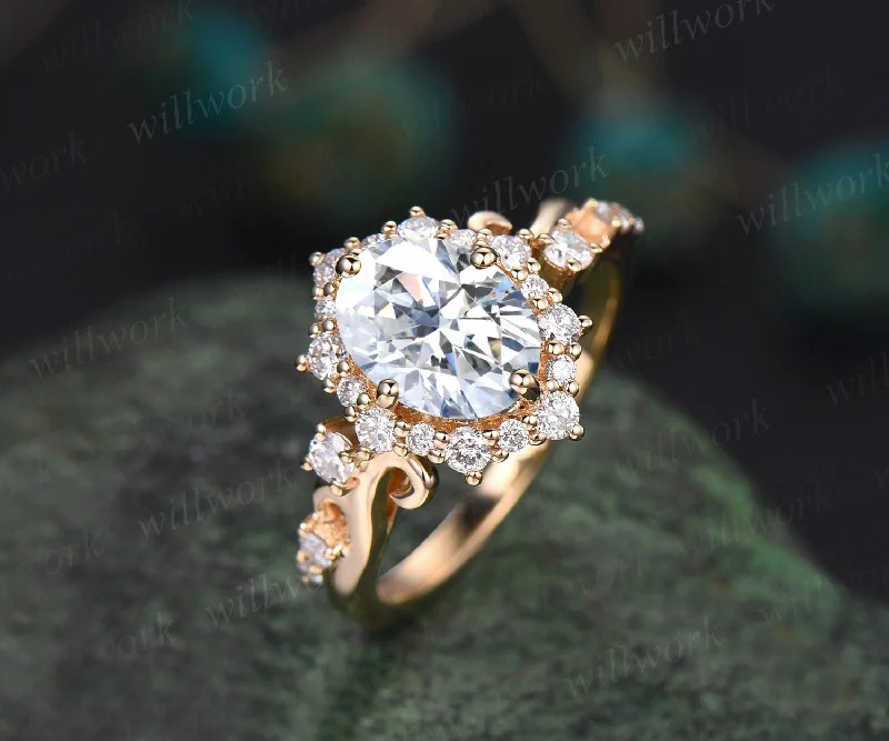 Vintage oval cut moissanite engagement ring women 14k yellow gold snowdrift halo diamond ring art deco cluster antique promise ring her gift