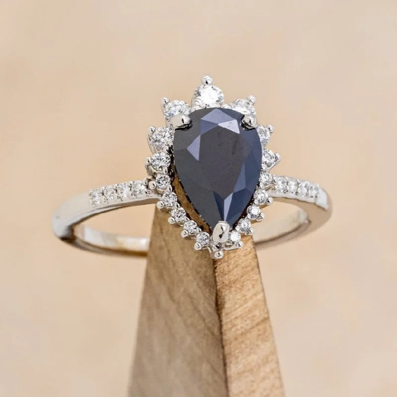 "LAVERNA LUX" - PEAR- SHAPED BLACK MOISSANITE ENGAGEMENT RING WITH DIAMOND HALO & ACCENTS