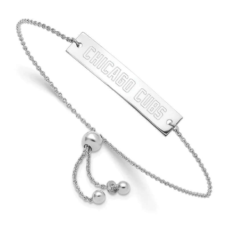 Sterling Silver Rhod-Plated MLB Chicago Cubs ID Bar Adj Bracelet, 9 In