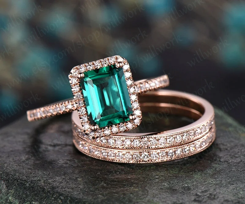 3pcs diamond halo ring emerald cut emerald engagement ring set rose gold May birthstone stacking vintage unique bridal wedding ring set gift