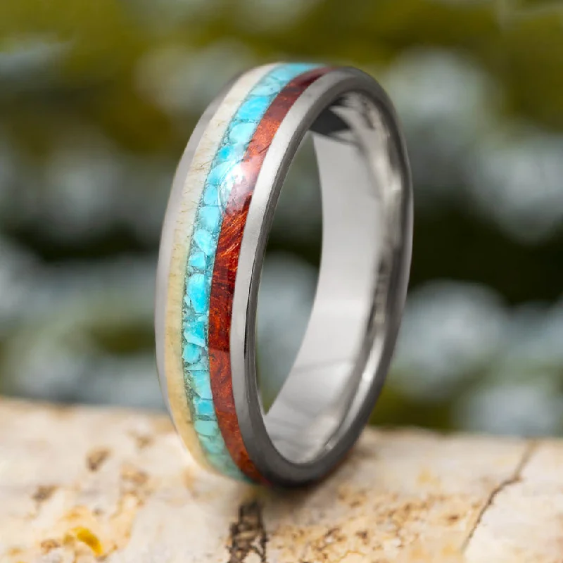 Turquoise, Deer Antler And Wood Wedding Band