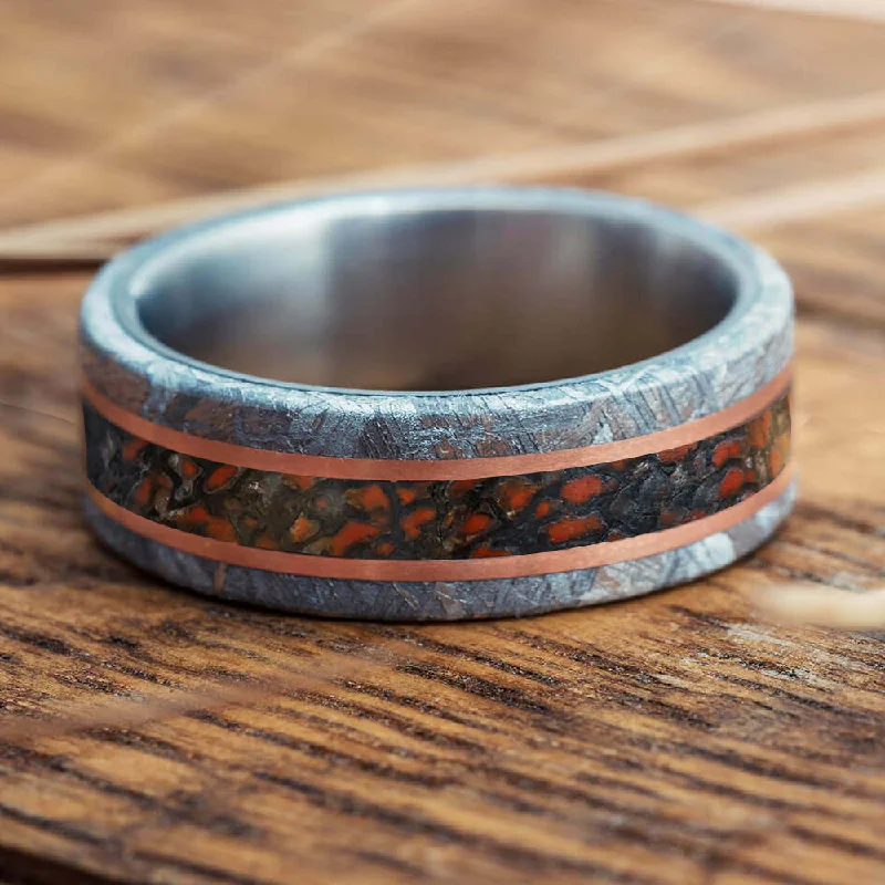 Dinosaur Bone and Meteorite Wedding Band with Gold Pinstripes