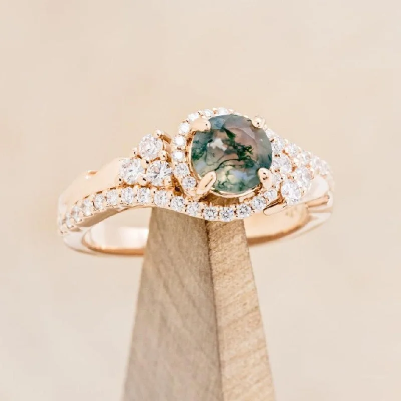 "SCARLET" REVIVAL - ROUND CUT MOSS AGATE ENGAGEMENT RING WITH WAVES & DIAMOND ACCENTS