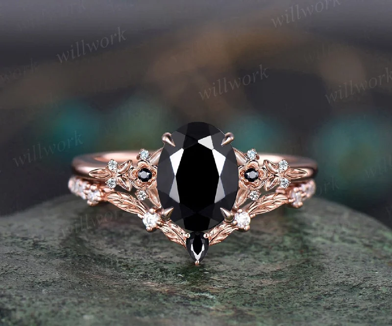 Vintage oval black Onyx engagement ring rose gold leaf nature inspired black spinel diamond ring women art deco bridal promise ring set