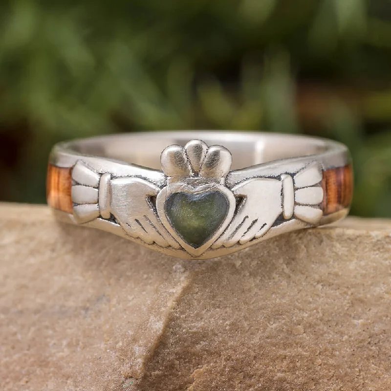 Claddagh Engagement Ring with Jade Heart, Honduran Rosewood Band