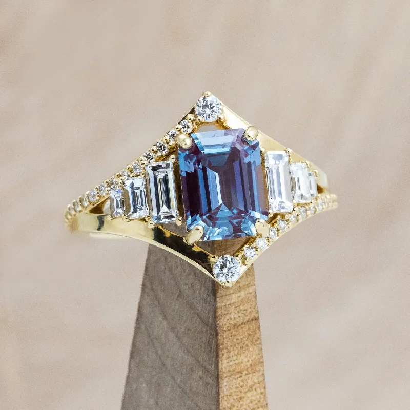 "ATHENA" - EMERALD CUT LAB-GROWN ALEXANDRITE ENGAGEMENT RING WITH DIAMOND ACCENTS