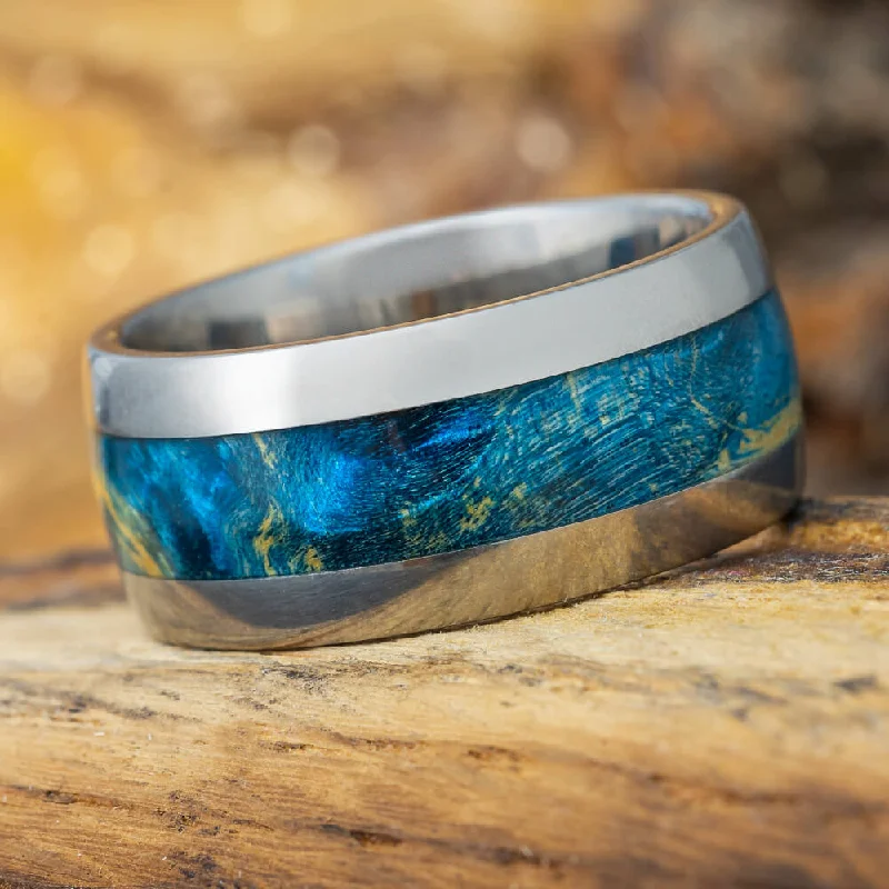 Blue Box Elder Burl Wood Ring, Titanium Wedding Band