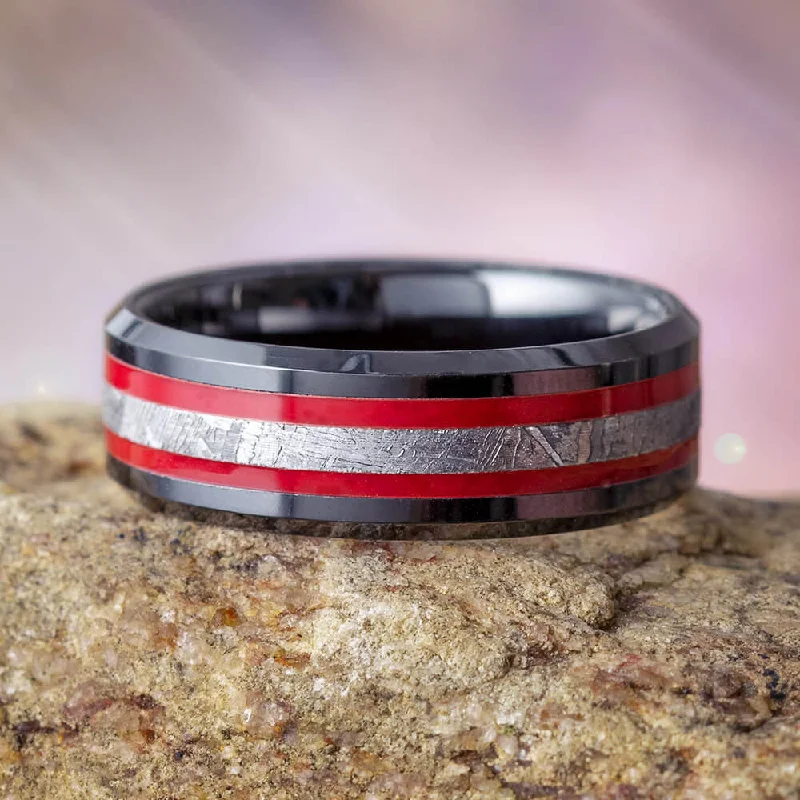 Black Ring with Red Stripes & Meteorite