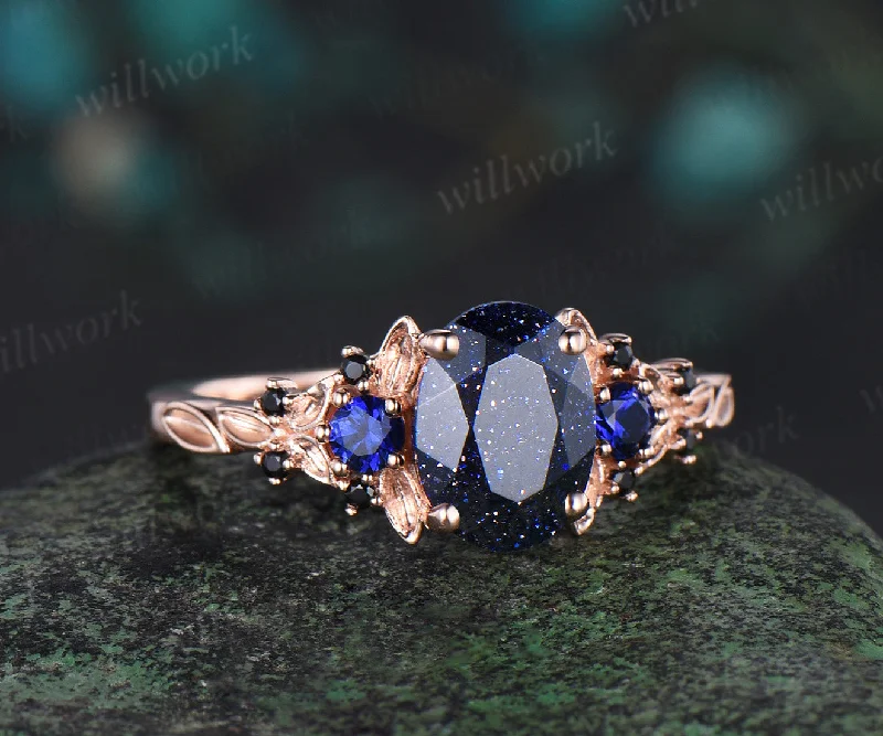 Vintage oval cut blue sandstone engagement ring rose gold leaf cluster antique sapphire black spinel anniversary ring women gift