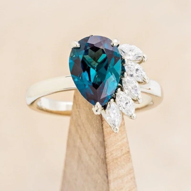 "AMBROSIA" - PEAR CUT LAB-GROWN ALEXANDRITE ENGAGEMENT RING WITH MOISSANITE ACCENTS