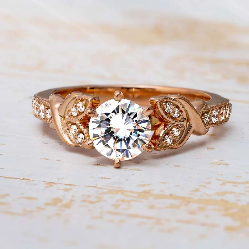 Moissanite Engagement Ring With Leaf Accented Band