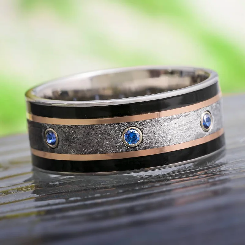 Meteorite & Ebony Wood Ring With Sapphires