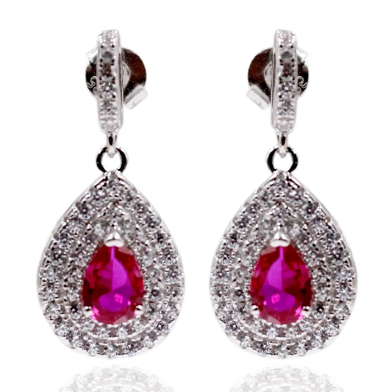 925 Sterling Silver Created Ruby and Created White Sapphire Drop Earrings