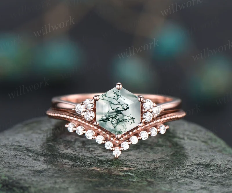 Hexagon cut green moss agate ring rose gold silver vintage unique engagement ring set six prong dainty moissanite bridal ring set for women