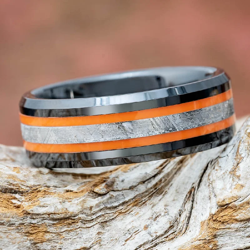 Black & Orange Ring With Genuine Meteorite