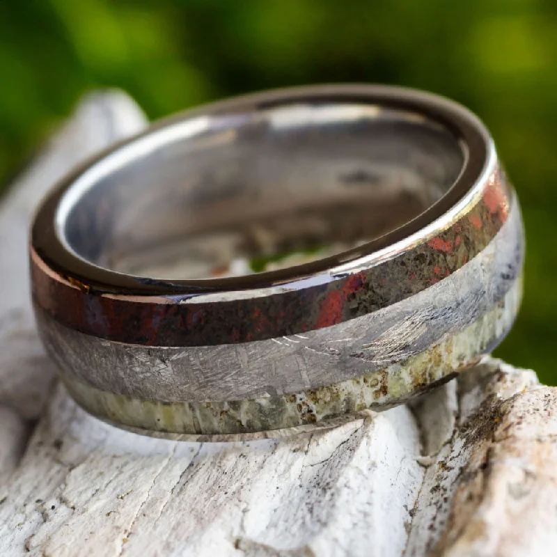 Men's Ring With Antler, Meteorite & Dinosaur Bone