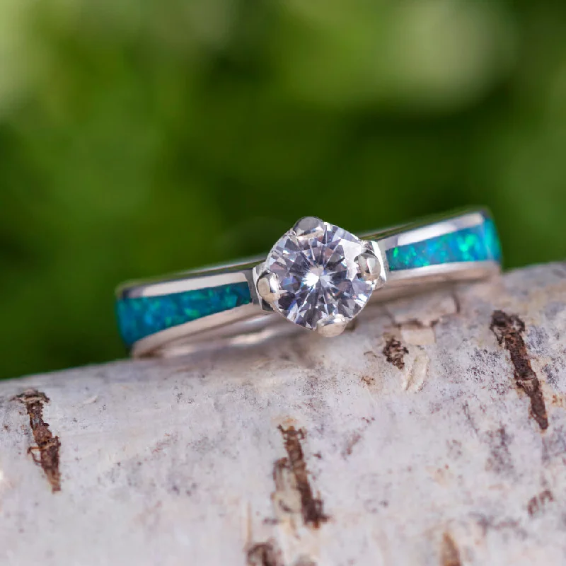 Opal Engagement Ring With Round Cut Moissanite