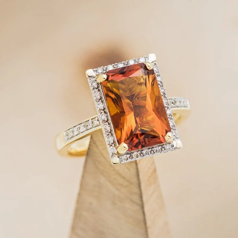 "SIENNA" - EMERALD CUT MADEIRA CITRINE ENGAGEMENT RING WITH DIAMOND HALO & ACCENTS