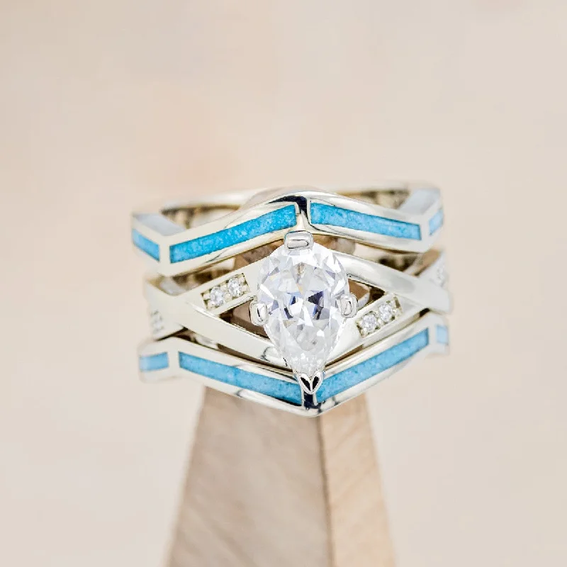 "LINA" - PEAR CUT MOISSANITE ENGAGEMENT RING WITH DIAMOND ACCENTS & TURQUOISE RING GUARD