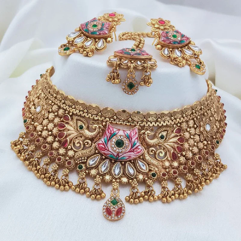 Akruti Collection Gold Plated Pota Stone And Pearls Meenakari Choker Necklace Set