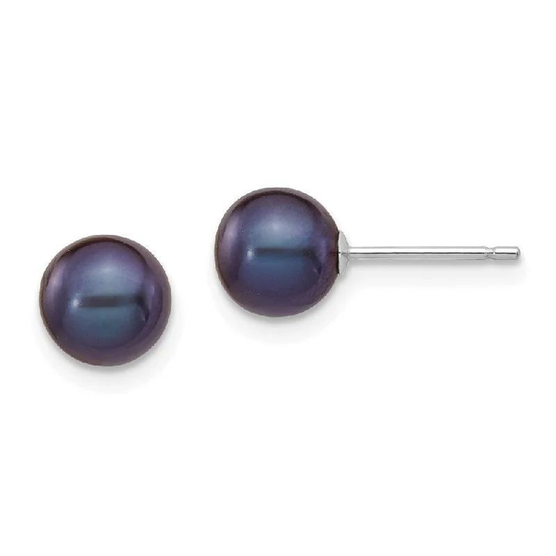 14k White Gold Black Round Cultured Pearl Stud Earrings (L-6 mm, W-7 mm)