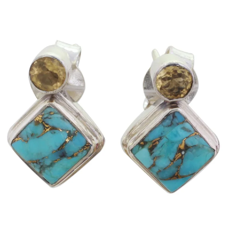 NOVICA Sterling Silver 'Turquoise Sparkle' Citrine Turquoise Earrings - Blue - 0.6*0.4