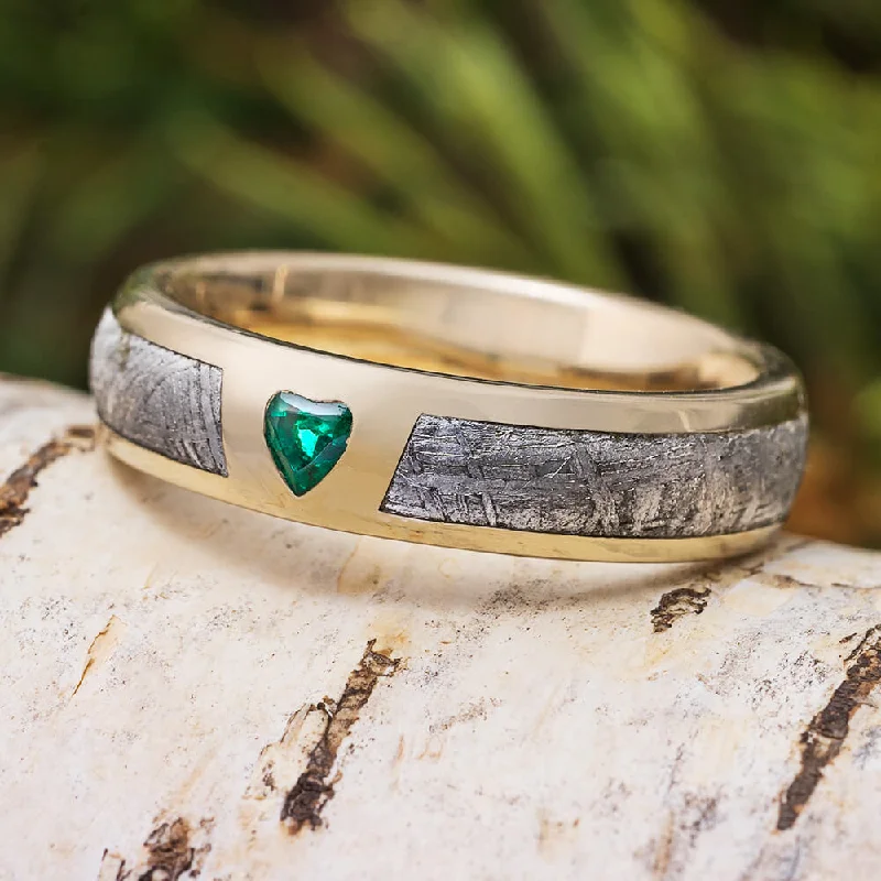 Heart Shaped Emerald and Meteorite Wedding Band