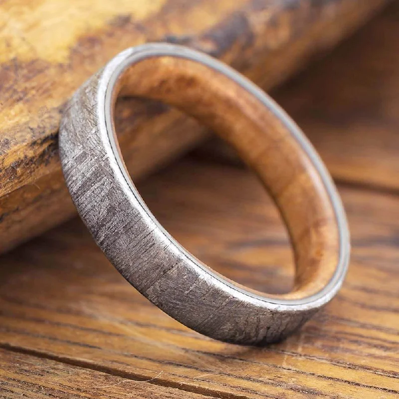 Meteorite Overlay Wedding Band With Burl Wood Inside