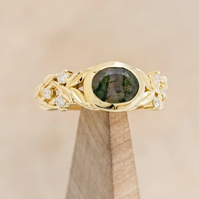 "ELORA" - OVAL MOSS AGATE ENGAGEMENT RING WITH DIAMOND ACCENTS