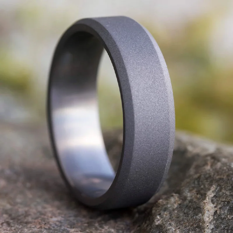 Simple Titanium Wedding Band With Sandblasted Finish And Beveled Edges