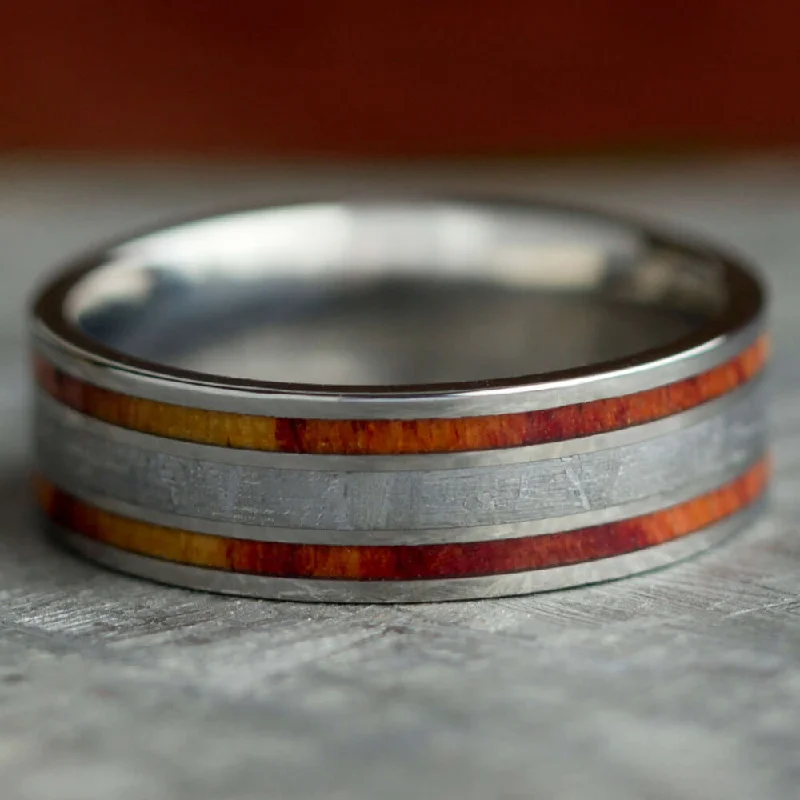 Flashy Meteorite Ring with Tulipwood Inlays, Titanium Wedding Band