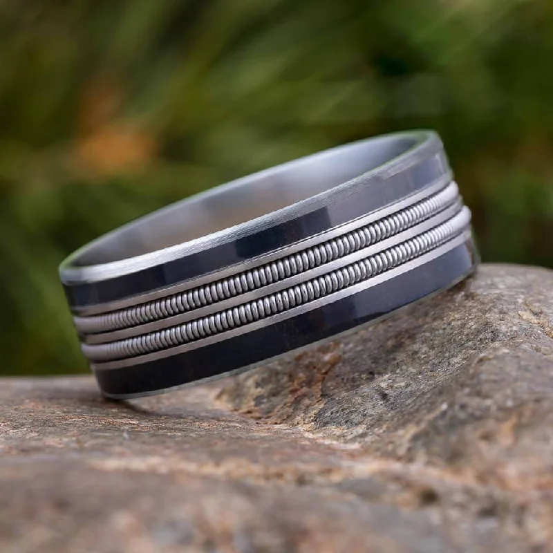 Double Guitar String Men's Wedding Band With Ebony Wood