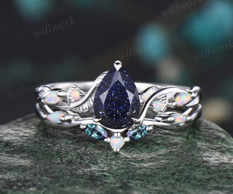 Pear Cut Galaxy Blue Sandstone Engagement Ring Unique Opal Alexandrite Five Stone Wedding Band Art Deco Leaf Vine Twig Branch Nature Inspired 2pcs Bridal Anniversary Ring Set Healing Jewelry