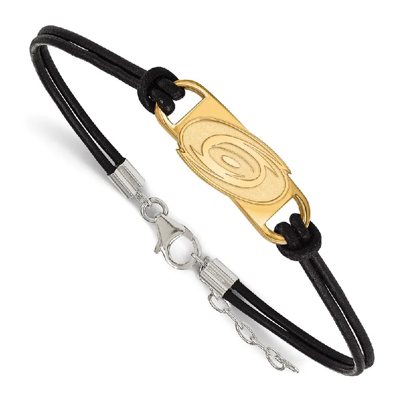 SS 14k Yellow Gold Plated & Leather NHL Hurricanes Adj. Bracelet