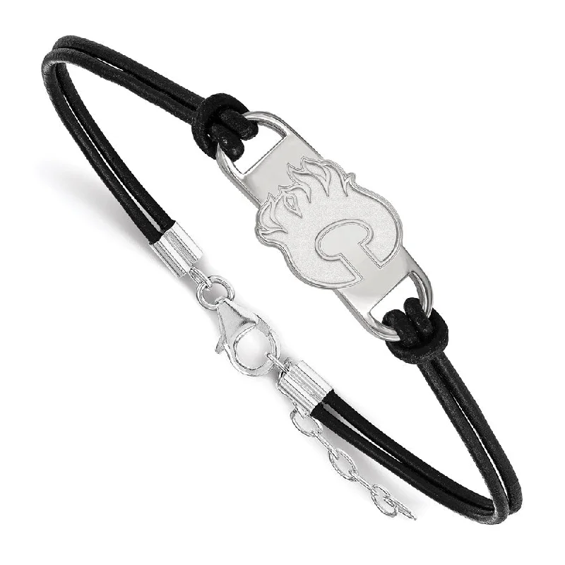 Sterling Silver & Leather NHL Calgary Flames Adj. Bracelet