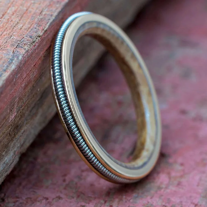 Thin Guitar String Ring with Whiskey Wood Sleeve