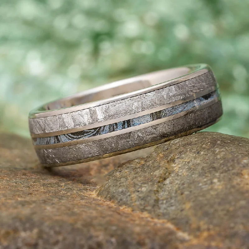 Blue Meteorite Ring, Men's Wedding Band With Mokume Gane