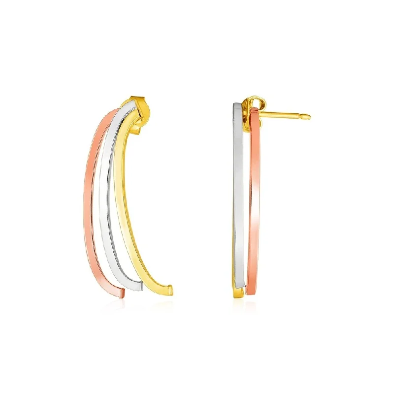 14k Tri Color Gold Three Part Half Oval Earrings