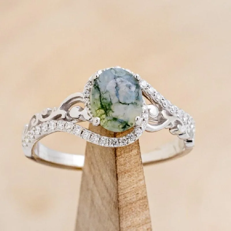 "SCARLET" - OVAL CUT MOSS AGATE ENGAGEMENT RING WITH DIAMOND ACCENTS