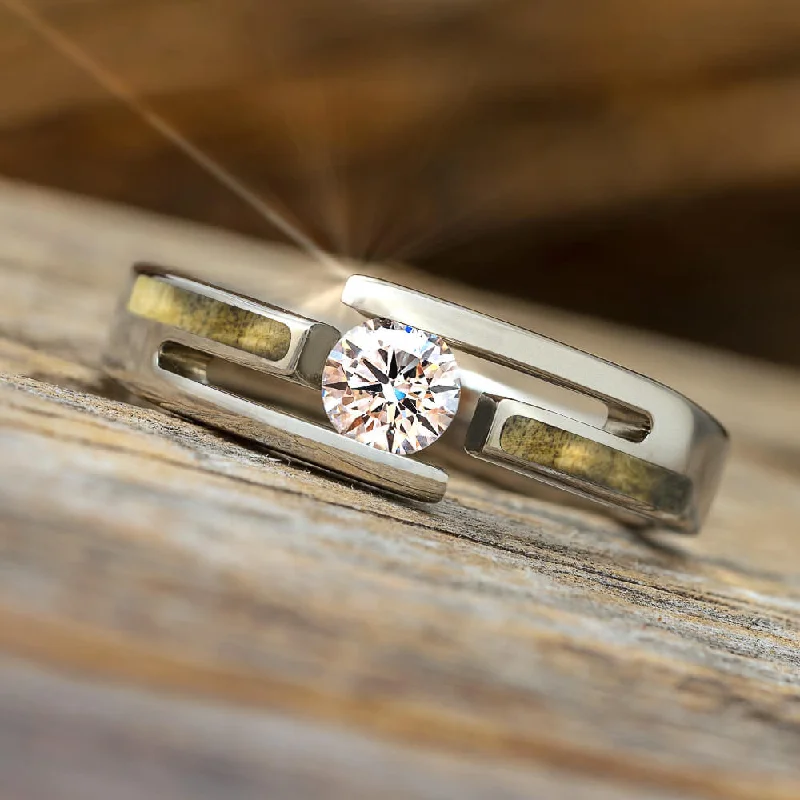 Diamond Tension Engagement Ring with Buckeye Burl Inlays