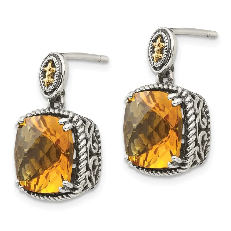 14k Gold and Sterling Silver Citrine Dangle Earrings (L-28 mm, W-15 mm)