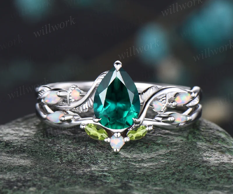 Unique May Birthstone Pear Cut Emerald Engagement Ring Set Leaf Vine Twig Branch Nature Inspired Ring Natural Peridot Opal Wedding Band Art Deco 2pcs Bridal Ring Set Green Gemstone Ring Women