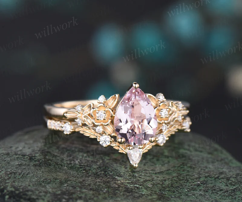 Vintage pear pink morganite engagement ring floral leaf diamond ring solid 14k  rose gold nature inspired bridal wedding ring set women