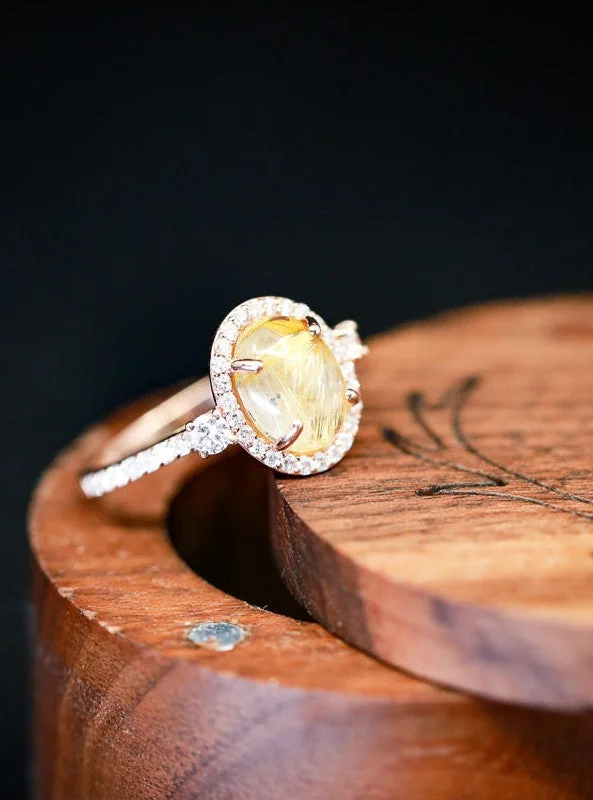 "KB" - OVAL RUTILATED QUARTZ ENGAGEMENT RING WITH DIAMOND HALO & ACCENTS