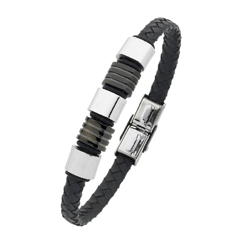 Stainless Steel Black Rubber And Leather 21cm Bracelet