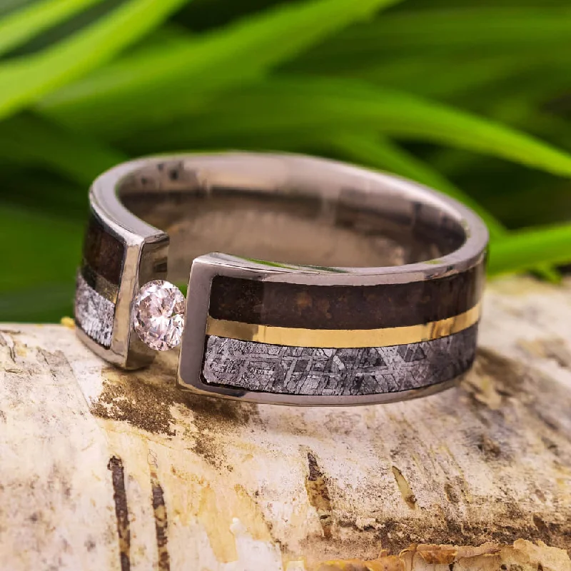 Tension Set Diamond Engagement Ring, Meteorite and Dinosaur Bone Ring